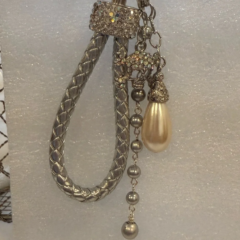 Silver Braided Skull & Pearl Keychain - Rhinestone Punk Glam Purse Charm - New